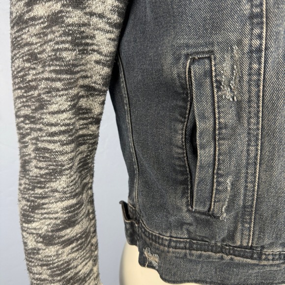 Free People Jacket Small Denim Retro 90s Grunge Distressed Sweatshirt Hoodie - Picture 5 of 11